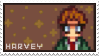Stamp of Harvey from Stardew Valley with a brown background.